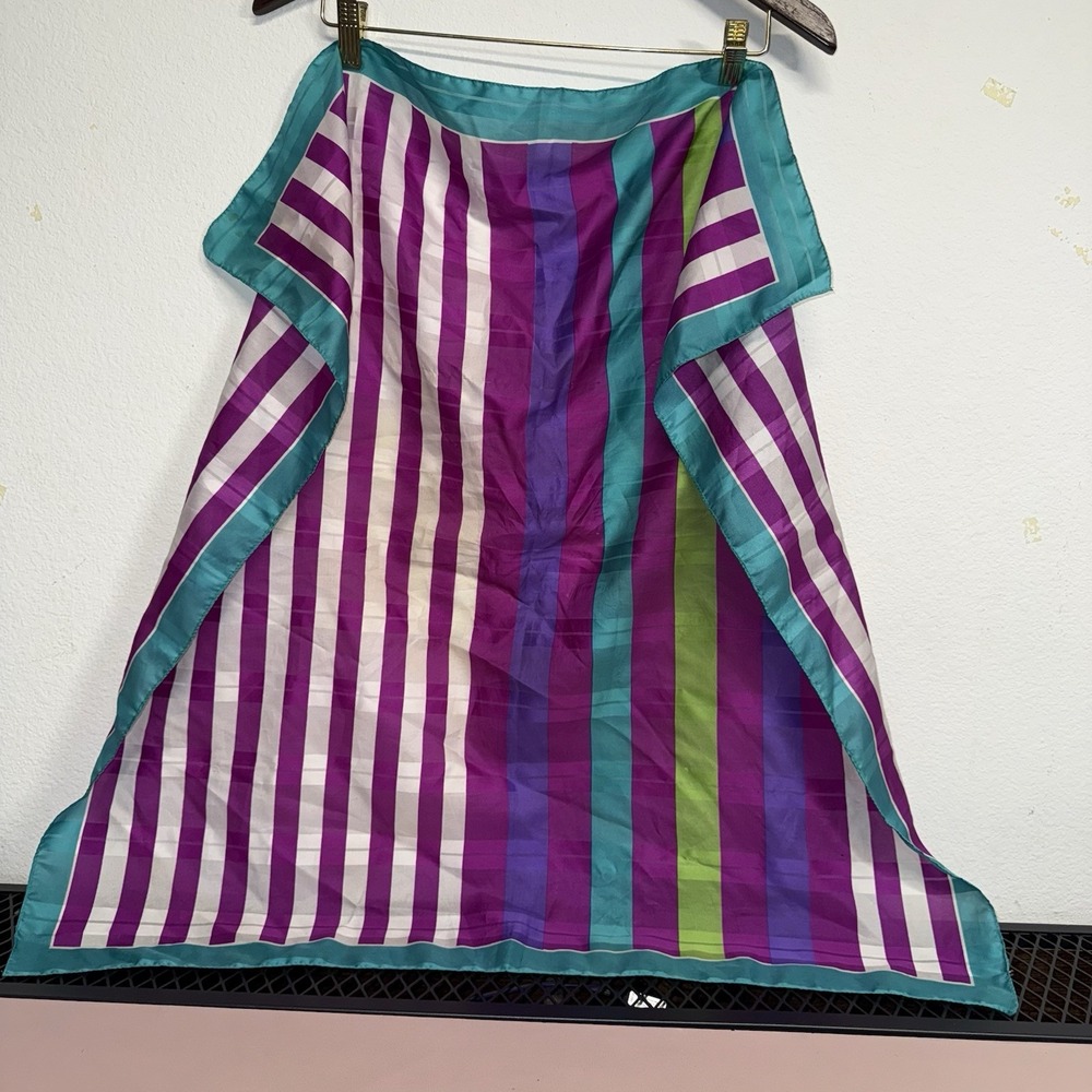 Vintage Striped Square Scarf Purple Teal Green White Colorful Retro 30" 80's90's